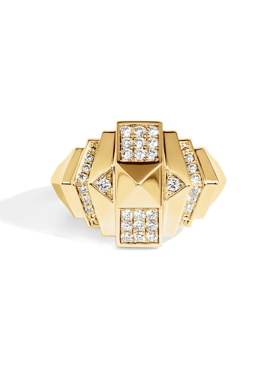 Statement Yellow Gold and Diamond Rockaway Mini Pyramid Half Paved Ring