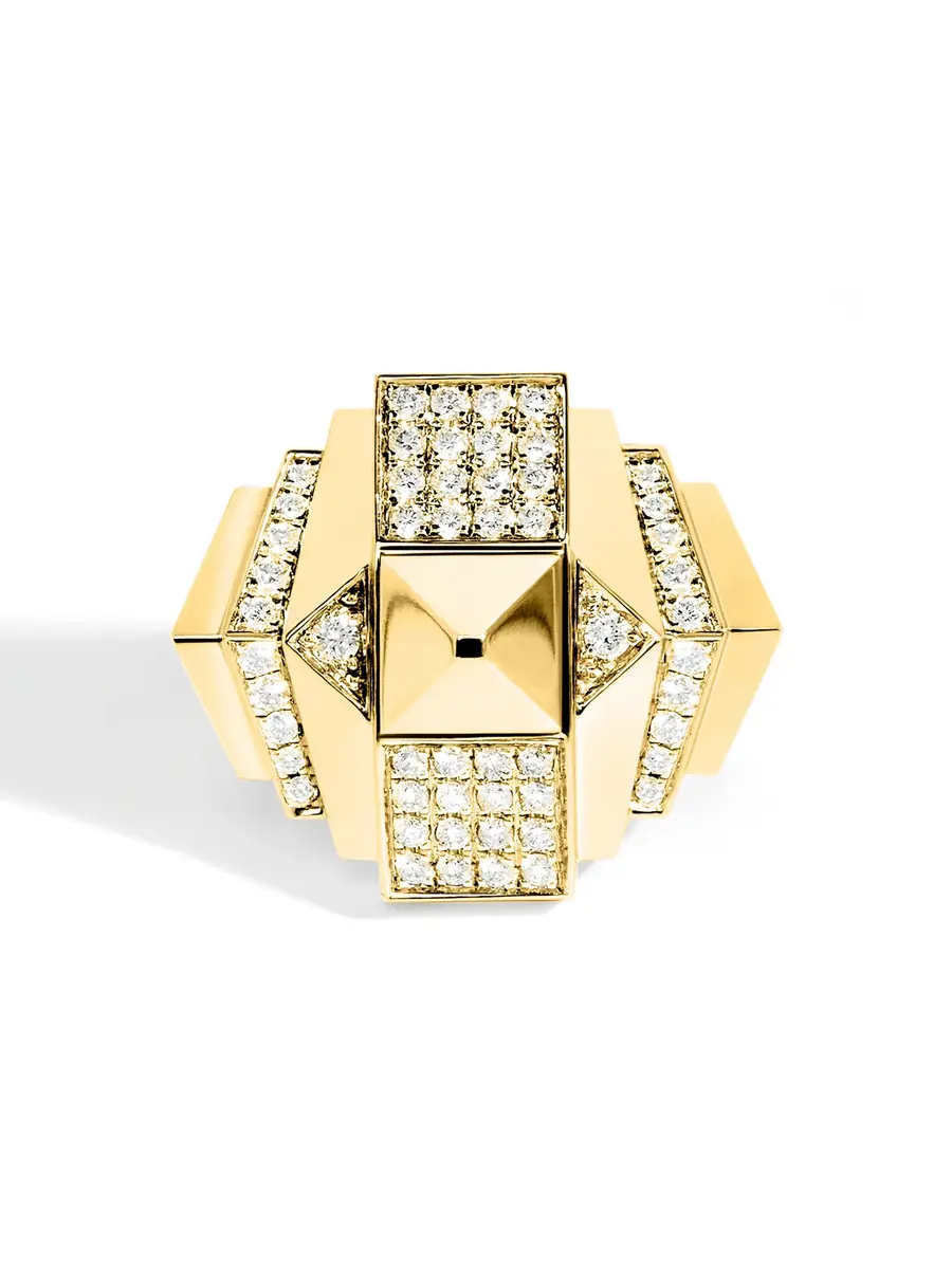 Statement Yellow Gold and Diamond Rockaway Pyramid Half Paved Ring