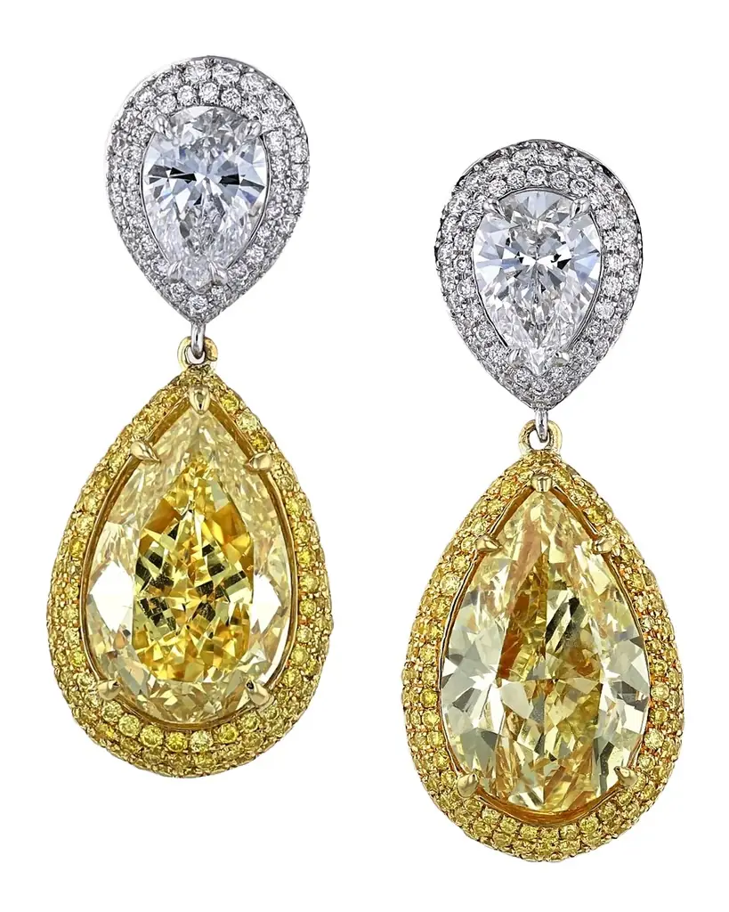 Neiman Marcus Diamonds 18K Yellow and White Gold Two-Tone Pear Diamond Drop Earrings, 15.73tcw, 1.32"L x 0.51"W