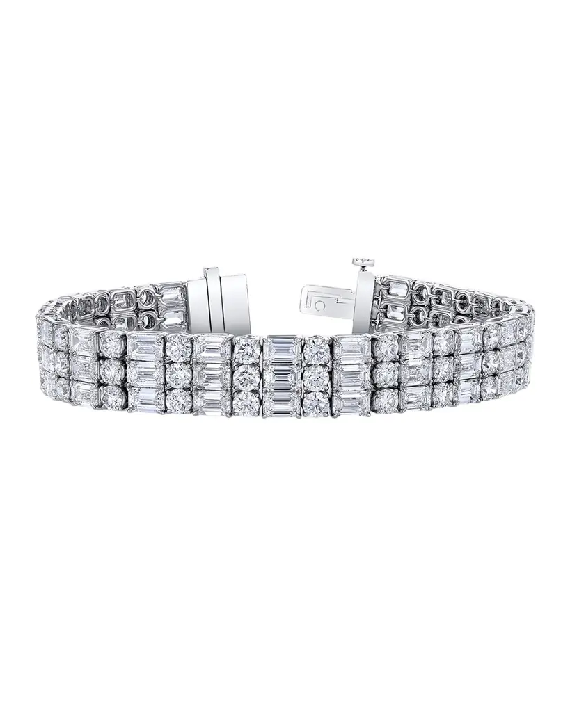 Neiman Marcus Diamonds Platinum Alternating Diamond 3 Row East-West Bracelet, 7", 31.18tcw