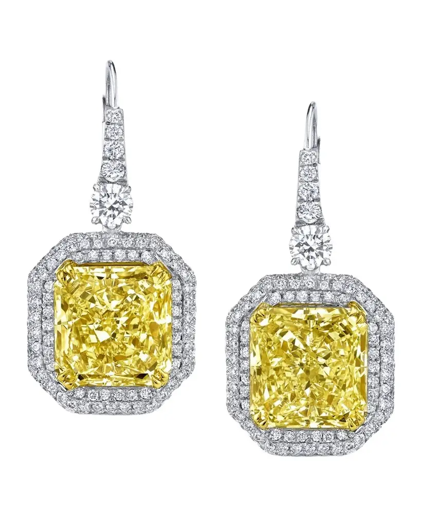 Neiman Marcus Diamonds 18K Yellow and White Gold Two-Tone Radiant Diamond Drop Earrings, 16.91tcw, 1.45"L x 0.59"W