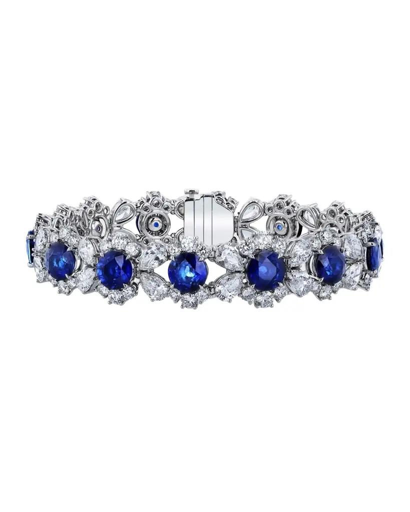 Neiman Marcus Diamonds Platinum Mixed Diamond Bracelet with Round Blue Sapphires, 7"