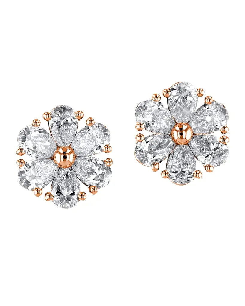 Neiman Marcus Diamonds 18K Gold Pear-Shaped Diamond Flower Stud Earrings, 6tcw, 0.59"L / 0.59"W