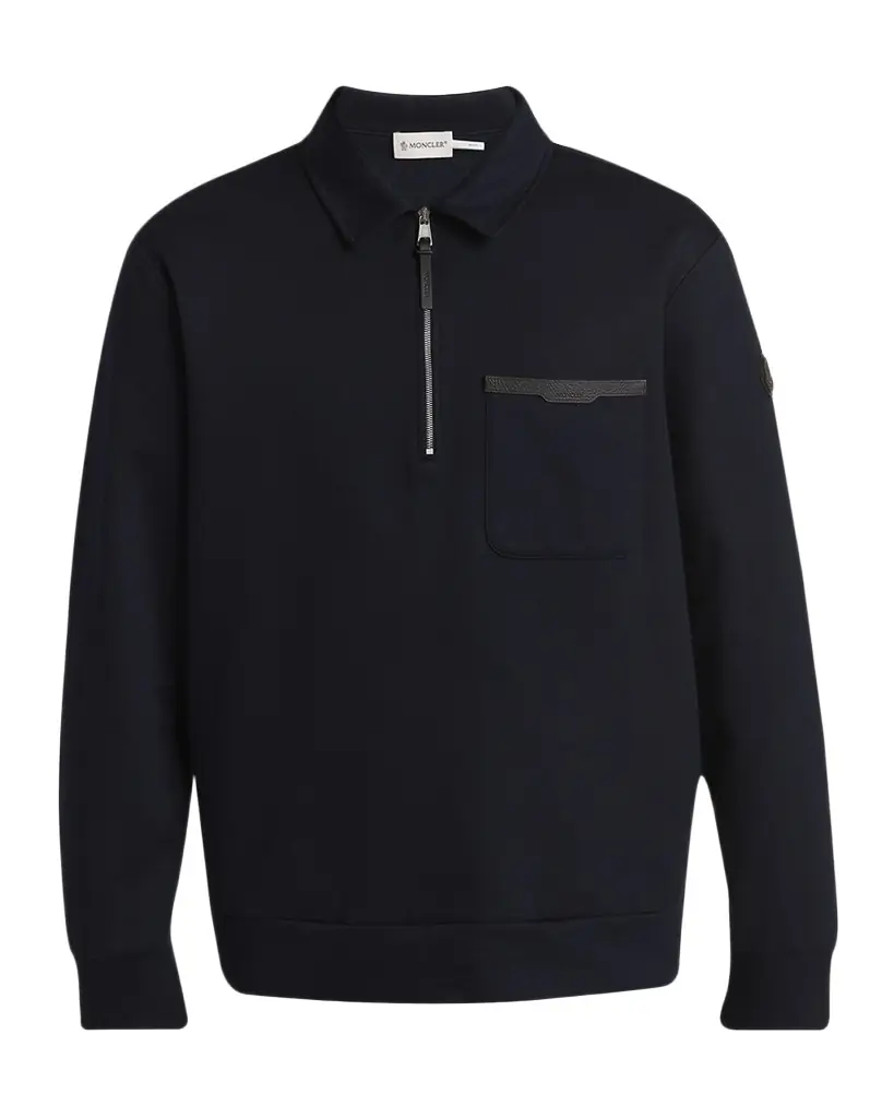 Moncler Men 's Cotton Quarter-Zip weater with Leather-Trim Pocket