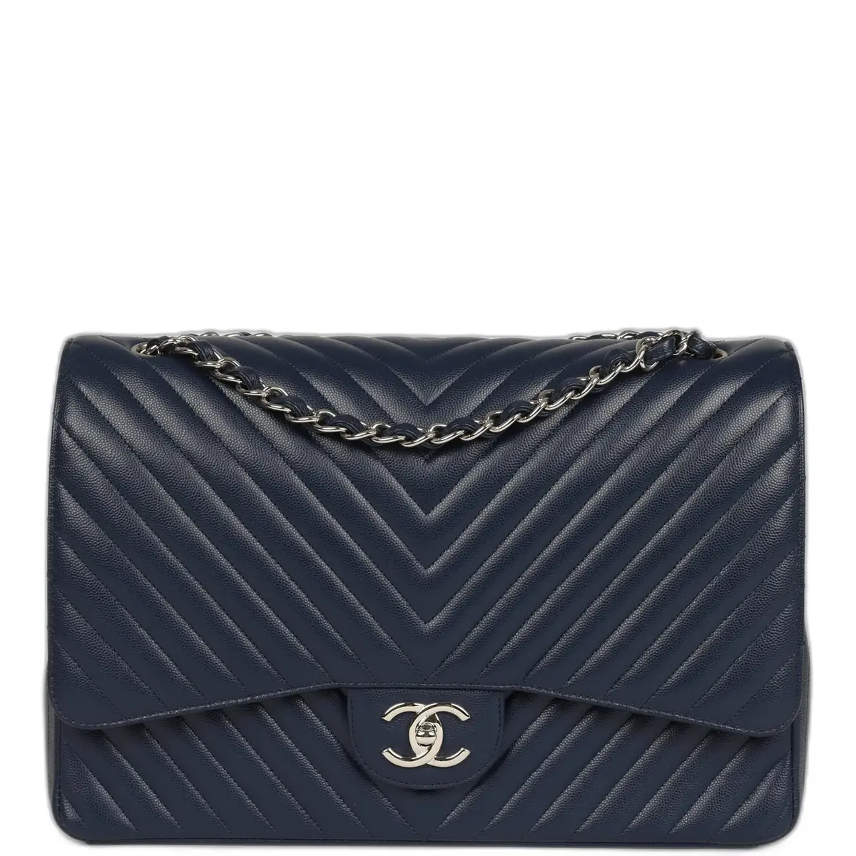 Chanel Chanel Maxi Classic Chevron Double Flap Bag Dark Blue Caviar Silver Hardware