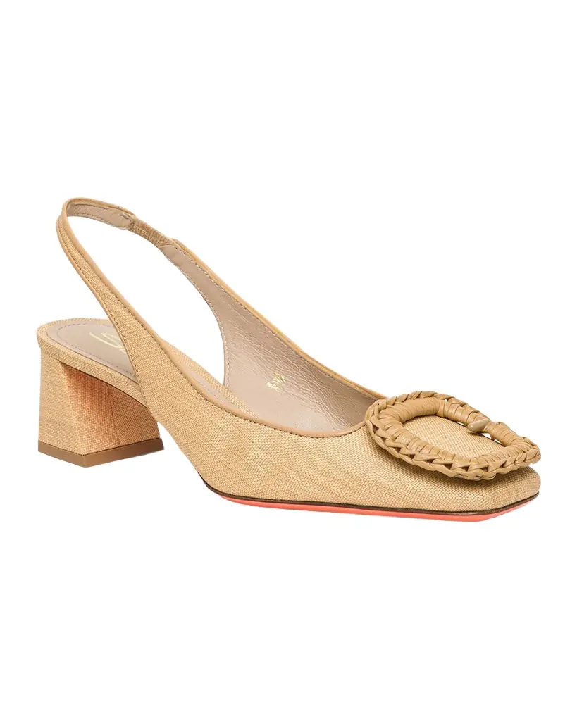 Santoni 50mm Lemon Raffia and Leather Slingback Pumps