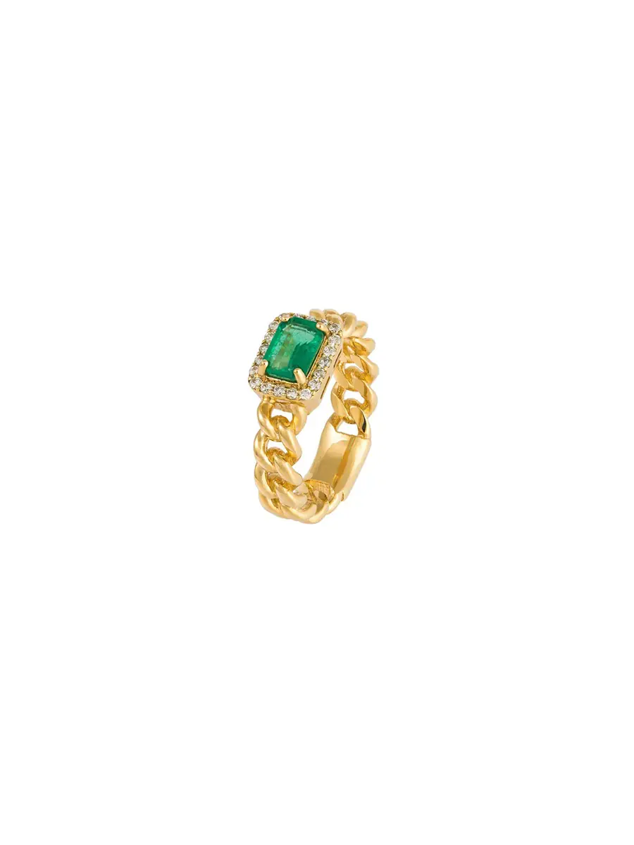 Wish Fine Jewelry 1.26ct Diamond Emerald 18K Gold Cuban Chain Ring