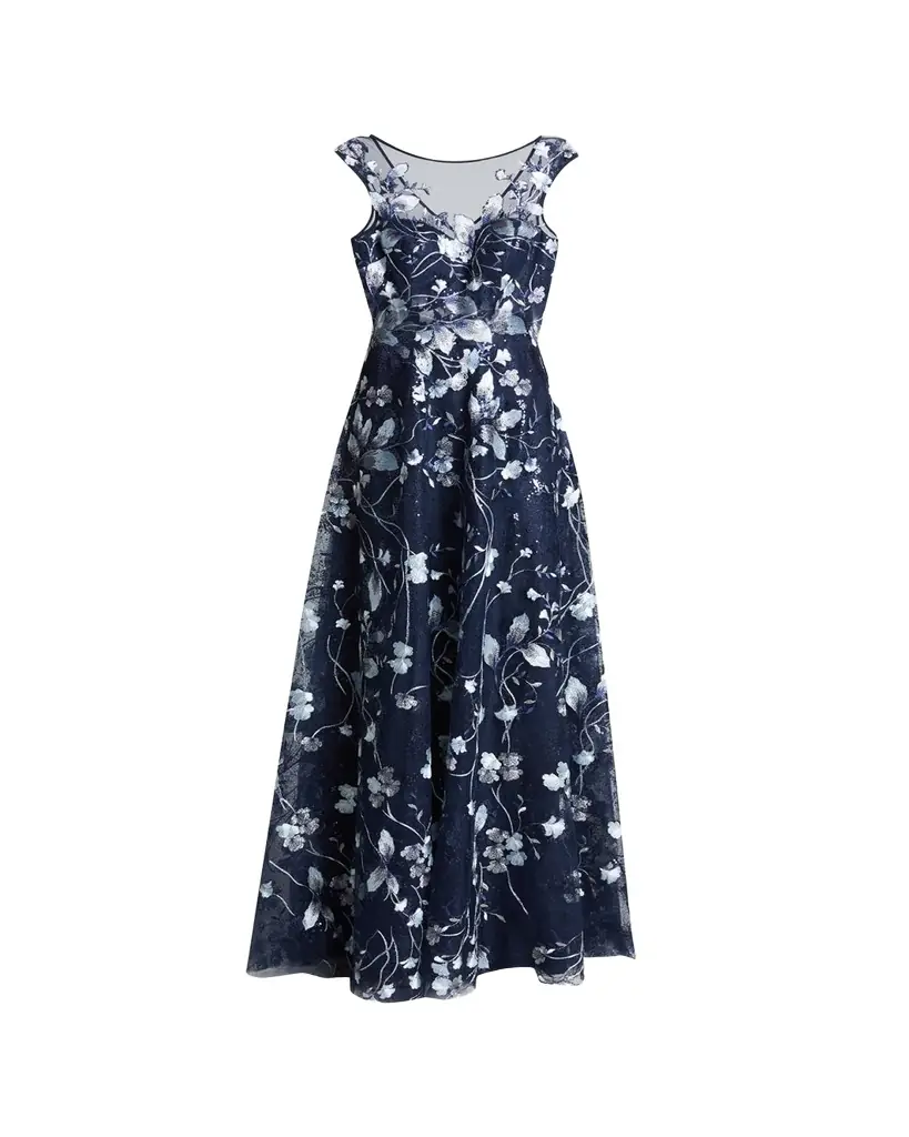 Rickie Freeman for Teri Jon Cap-Sleeve Embroidered Tulle A-Line Gown