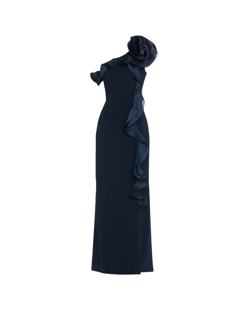 Rickie Freeman for Teri Jon One-Shoulder Ruffle Column Gown