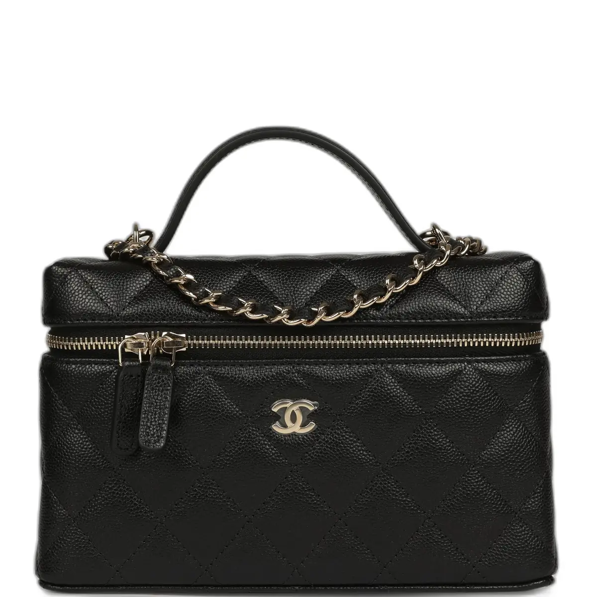 Chanel Chanel Top Handle Long Vanity Case with Chain Black Shiny Caviar Light Gold Hardware