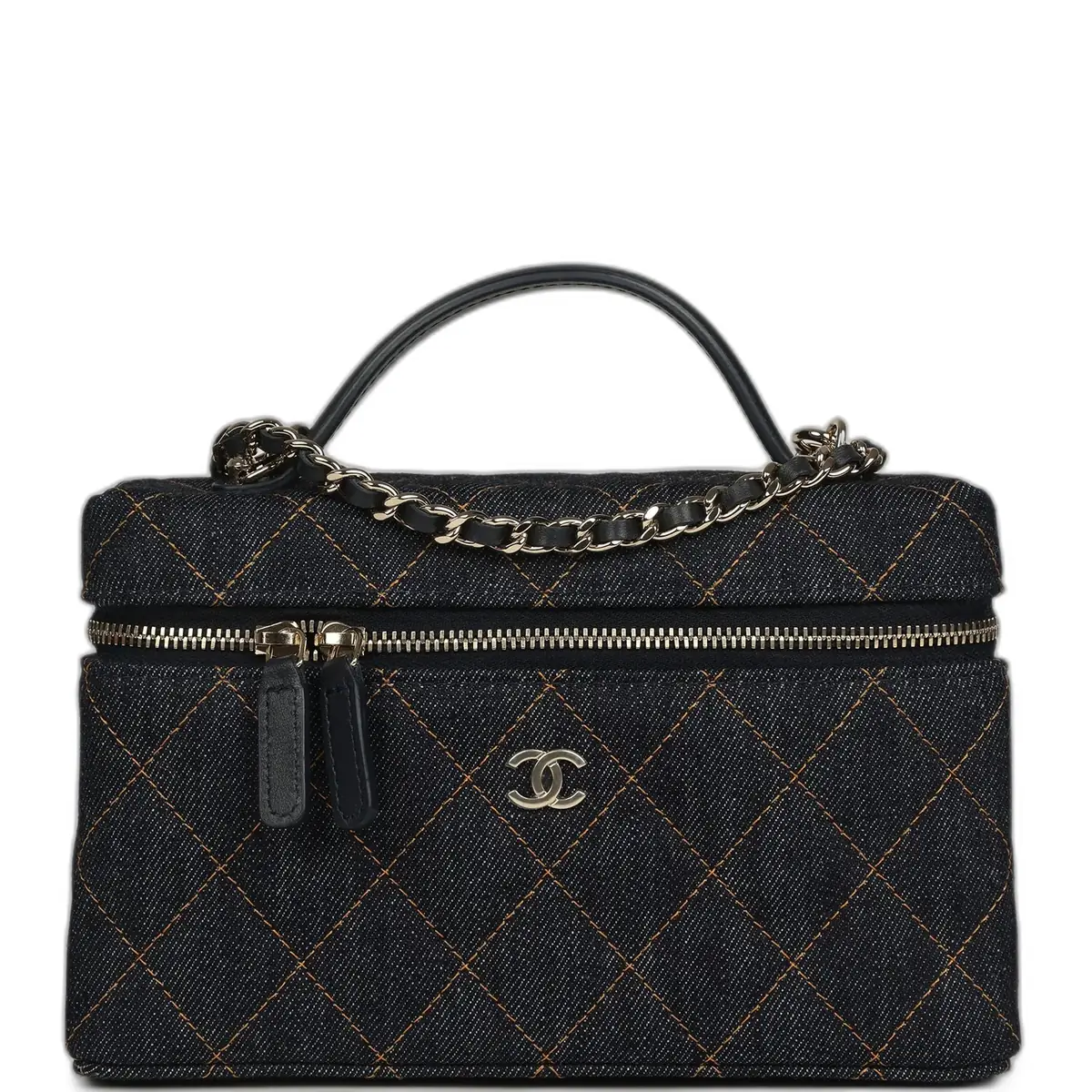 Chanel Chanel Top Handle Long Vanity Case with Chain Dark Blue Denim Light Gold Hardware