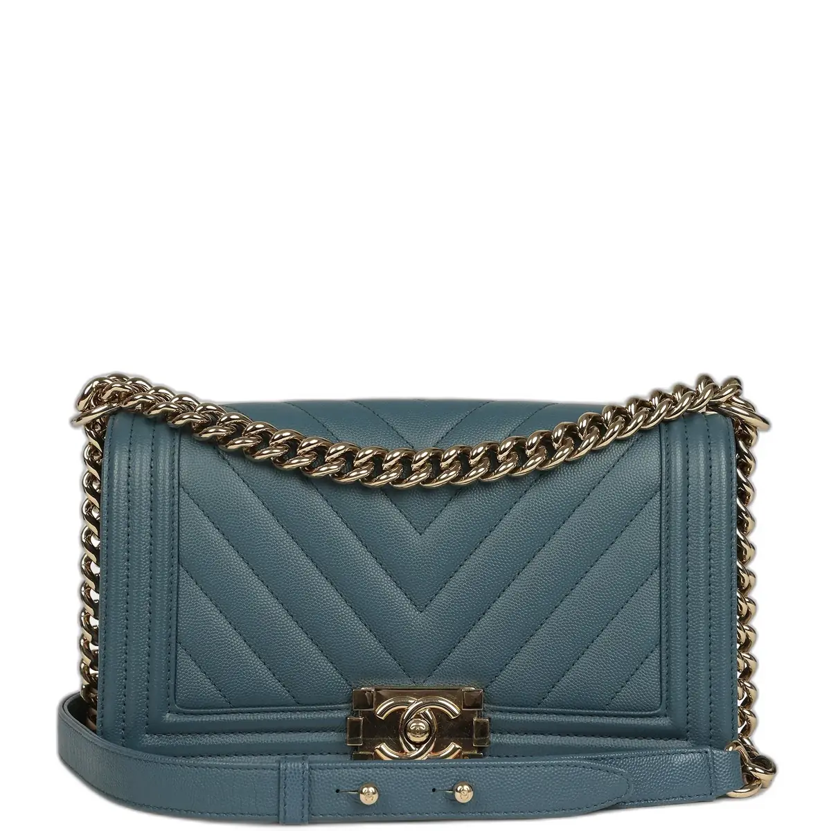 Chanel Pre-owned Chanel Medium Chevron Boy Bag Blue Caviar Light Gold Hardware