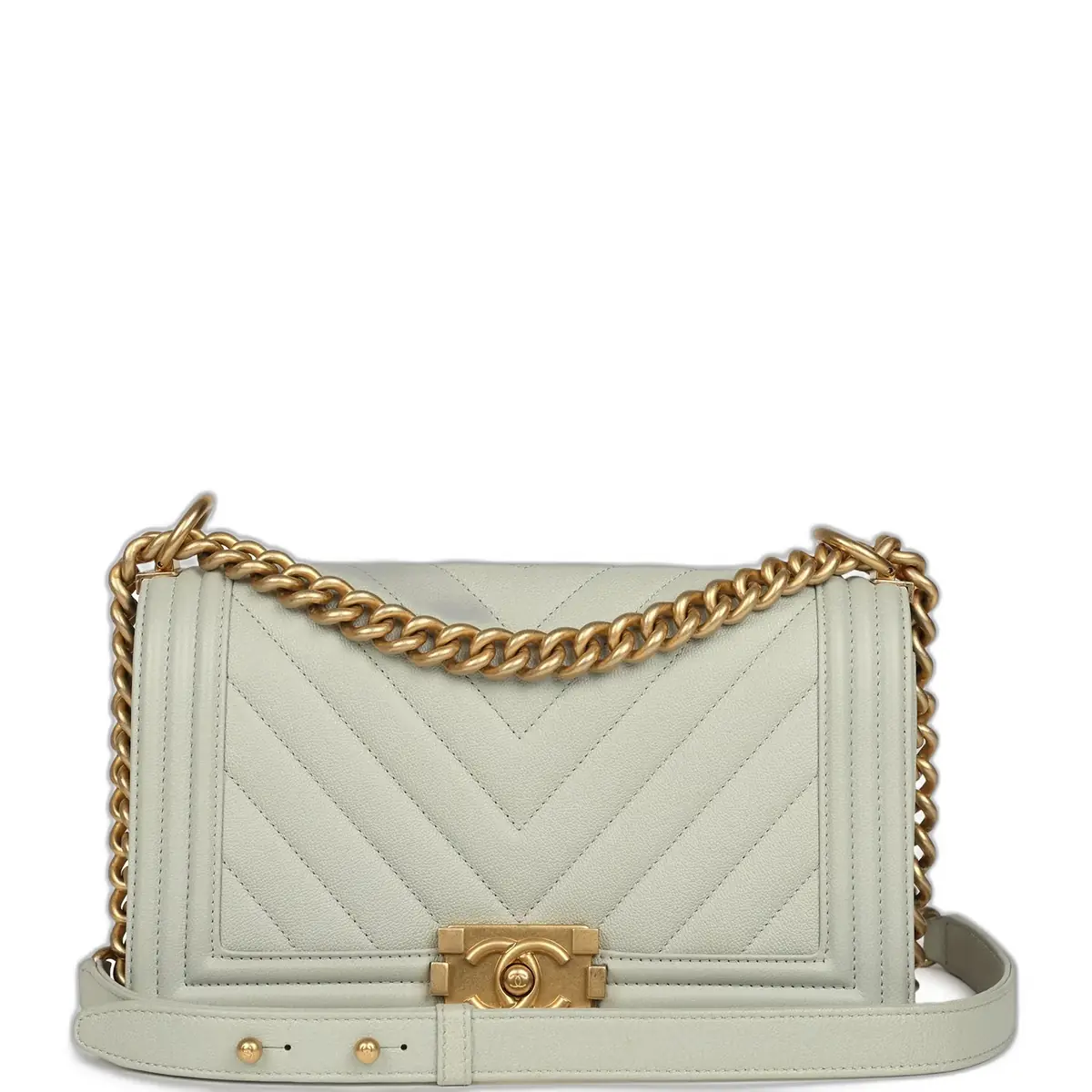 Chanel Pre-owned Chanel Medium Chevron Boy Bag Light Blue Caviar Antique Gold Hardware