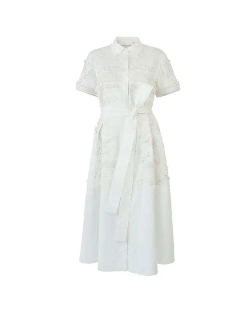 Carolina Herrera Grecian Embroidered Short-Sleeve Midi Shirtdress With Belt