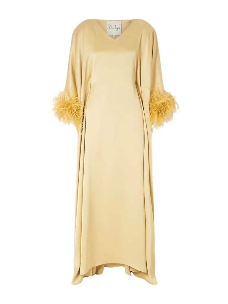 Dima Ayad Asymmetric Feather-trimmed Satin Gown