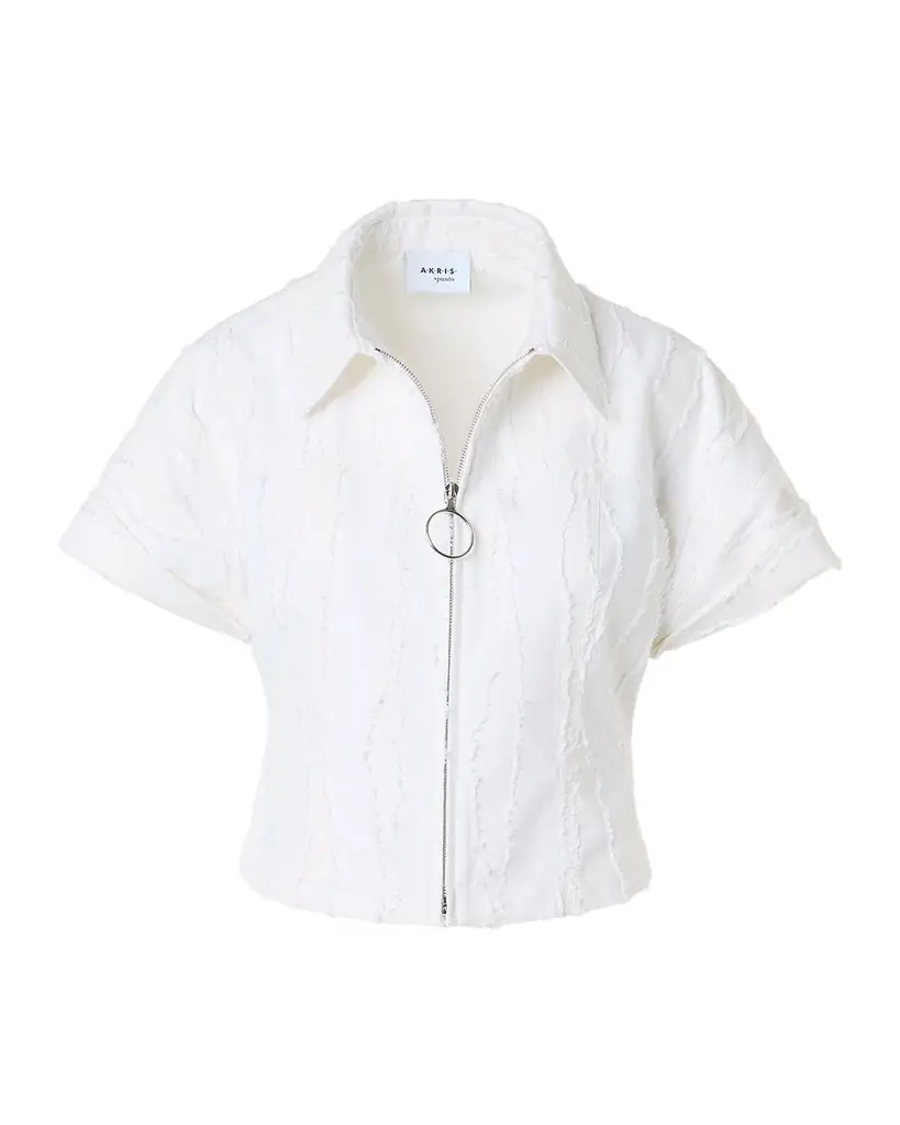 Akris punto Fringed Denim Short-Sleeve Crop Zip Jacket