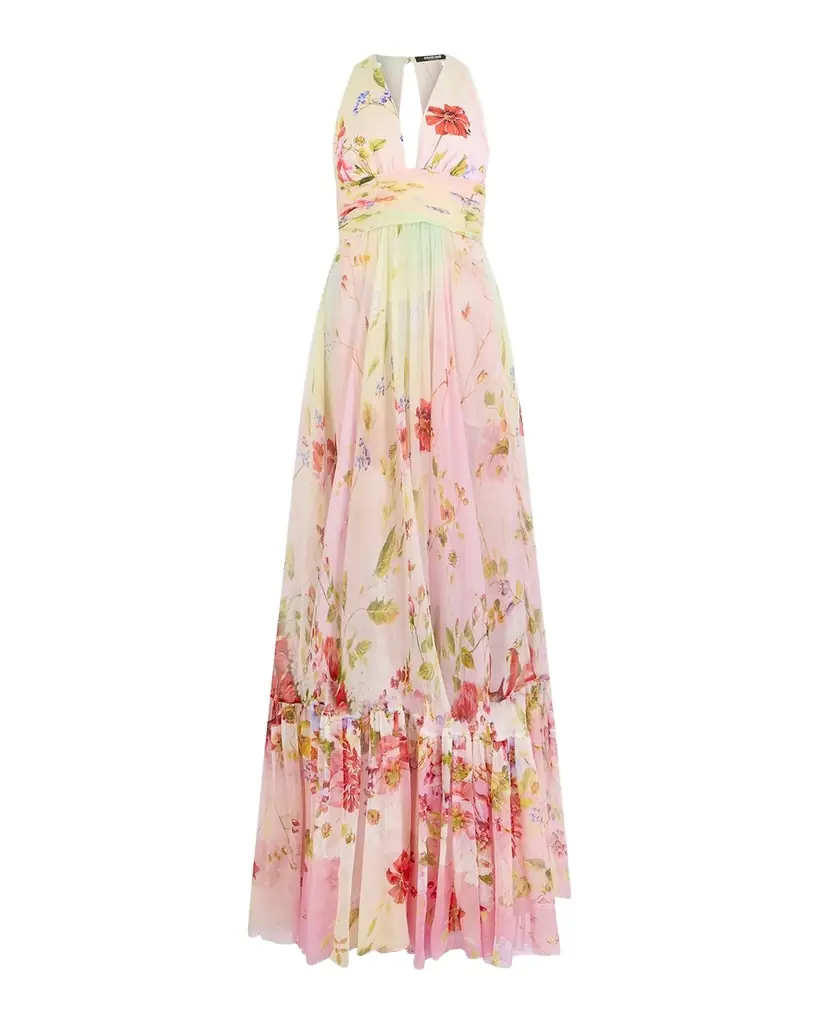 Roberto Cavalli Miami Flowers Print Plunging Silk Chiffon Gown