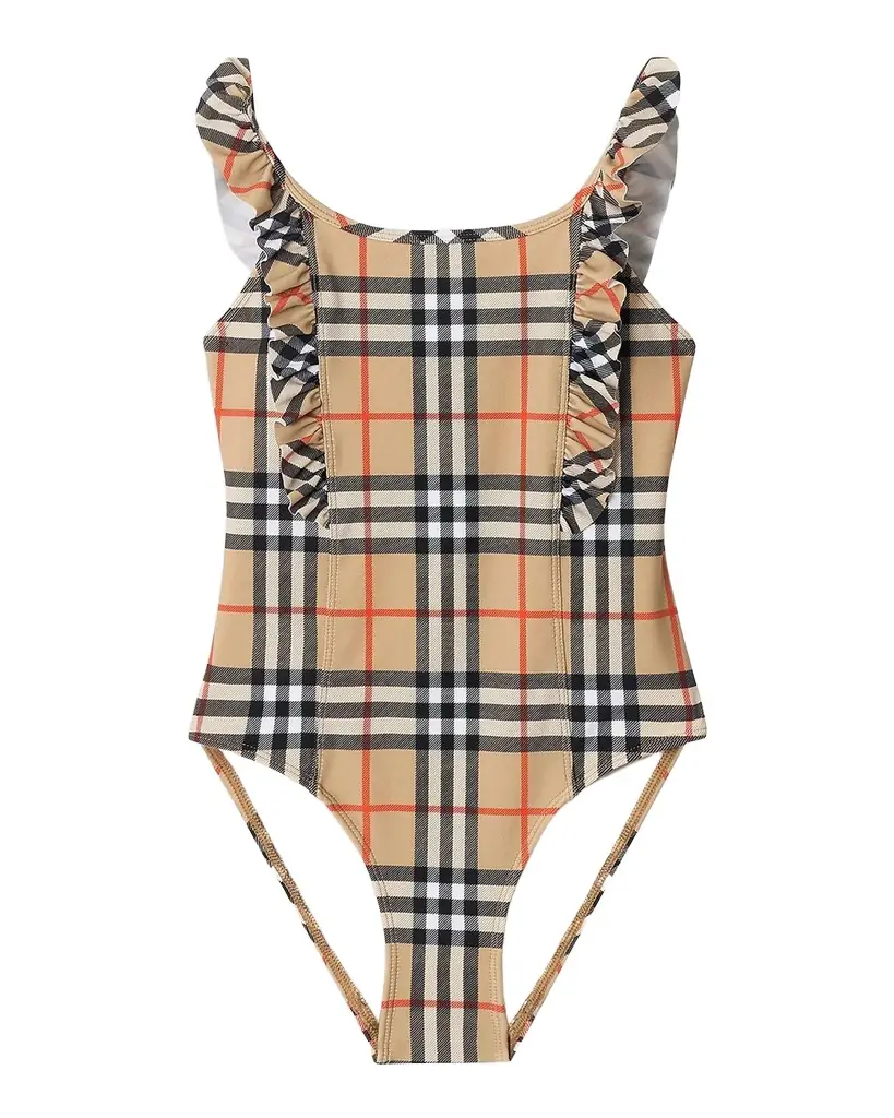 Burberry Girl 's Ruffle-Trim Check One-Piece Swimsuit, Size 3-14