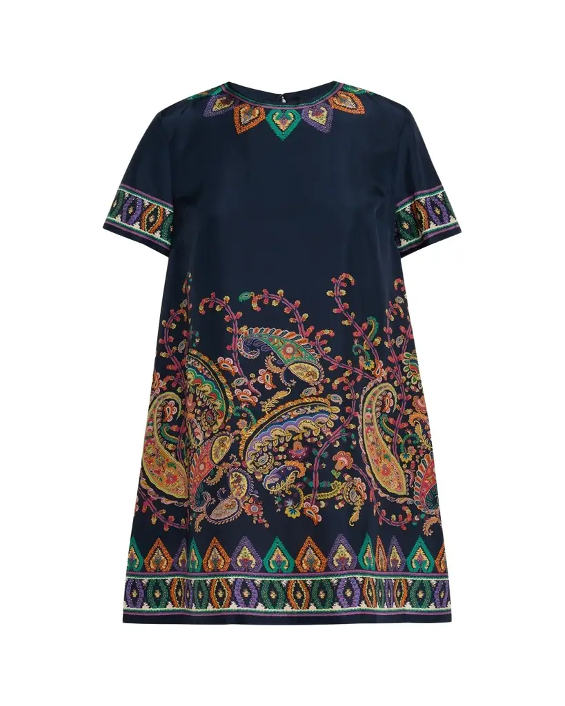 Etro Paisley Silk Habotai Short-Sleeve Mini Tunic Dress