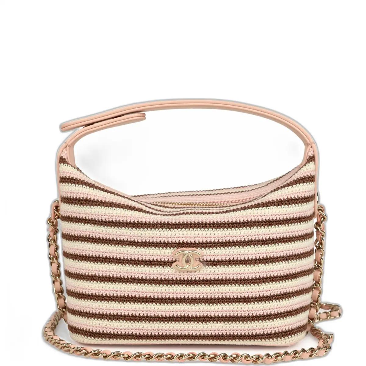 Chanel Chanel Mini Hobo Pouch with Chain Light Pink, Brown and White Crochet and Lambskin Light Gold Hardware