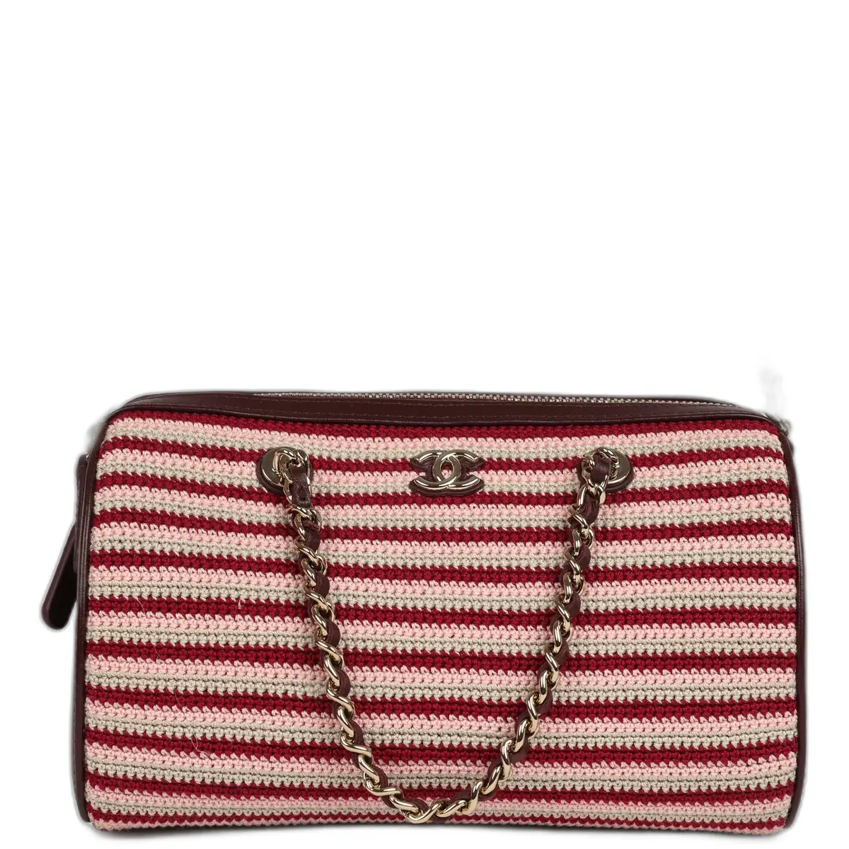 Chanel Chanel Mini Timeless Classic Barrel Bag with Chain Burgundy Multi Crochet and Burgundy Lambskin Light Gold Hardware