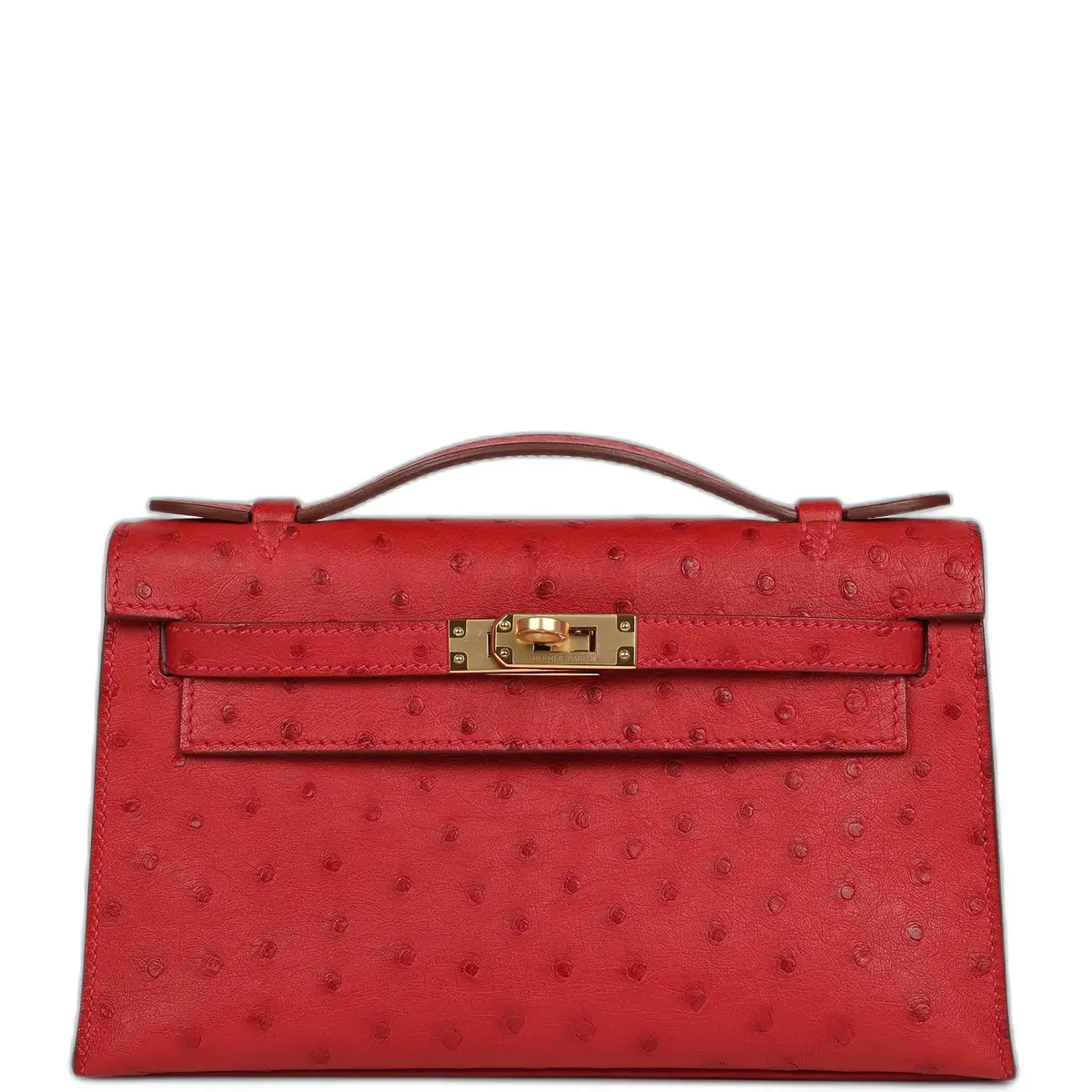 hermes Pre-owned Hermes Kelly Pochette Rouge Vif Ostrich Gold Hardware