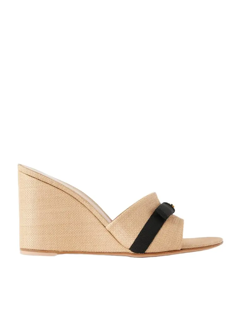 Gianvito Rossi 85 Grosgrain-trimmed Raffia Wedge Mules