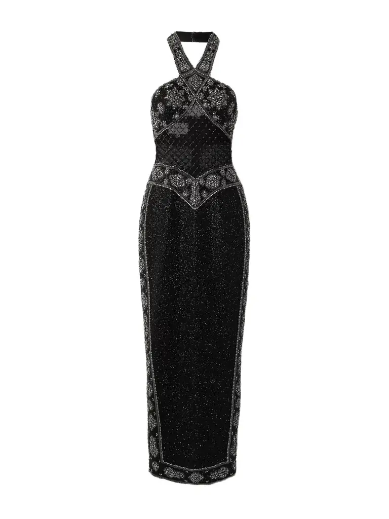 Clio Peppiatt Cyndi Cutout Embellished Mesh Halterneck Gown