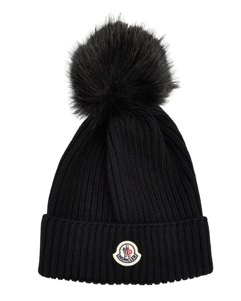 Moncler Kid 's Ribbed Wool Beanie with Faux Fur Pom, Size S-L