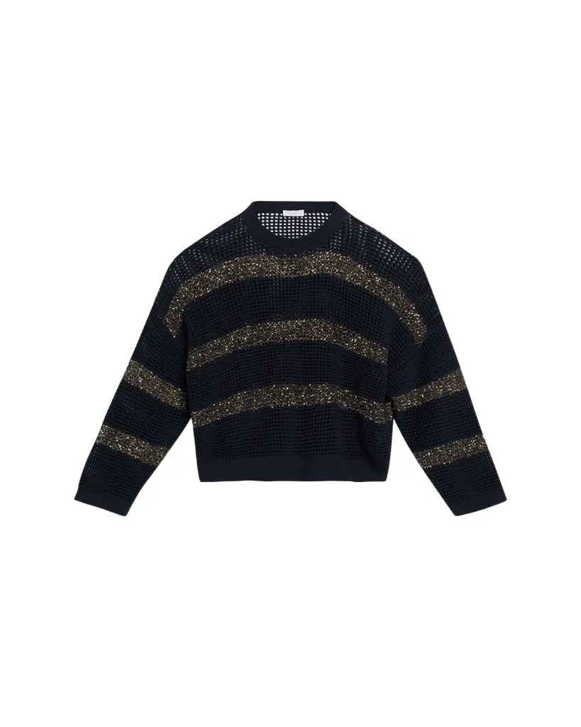 Brunello Cucinelli Pailette Striped Open-Knit Crewneck Sweater - Women's Clothing