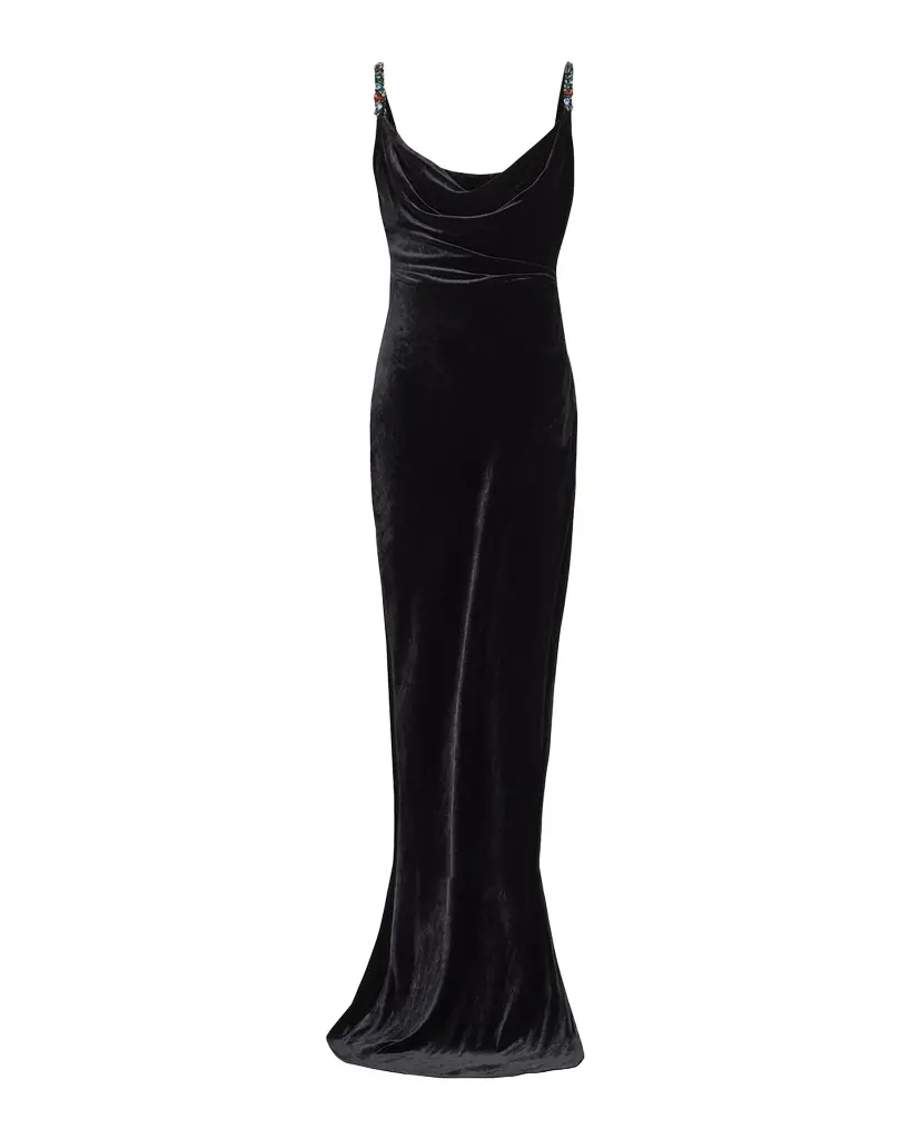 Balmain Embellished-Strap Velvet Gown