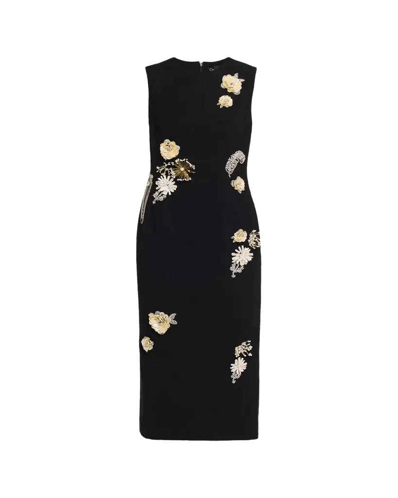 Oscar de la Renta Crystal Embroidered Tweed Sleeveless Midi Cocktail Dress - Women's Clothing