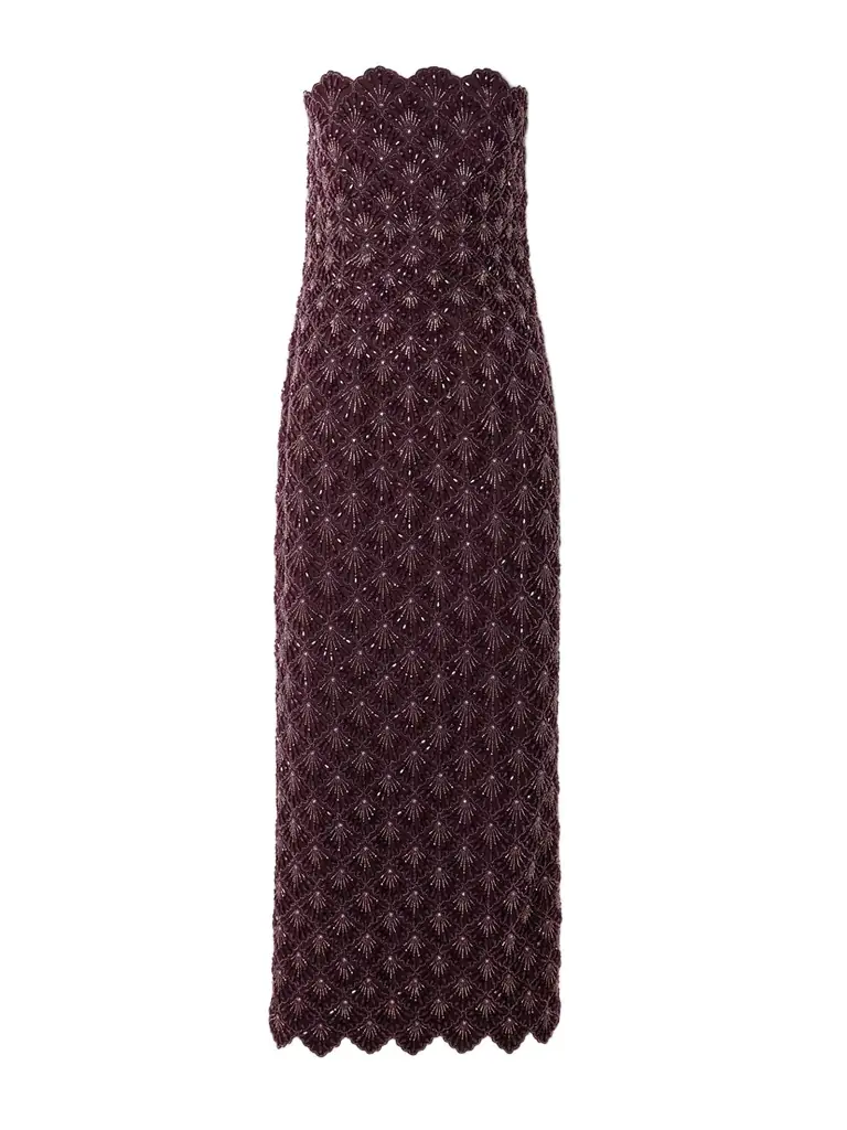 Clio Peppiatt Ariel Strapless Scalloped Embellished Satin Gown