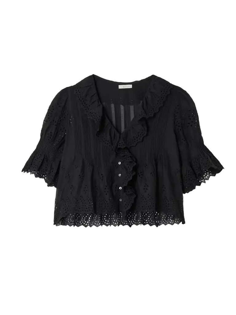DÔEN Henri Cropped Ruffled Pintucked Broderie Anglaise Cotton Top