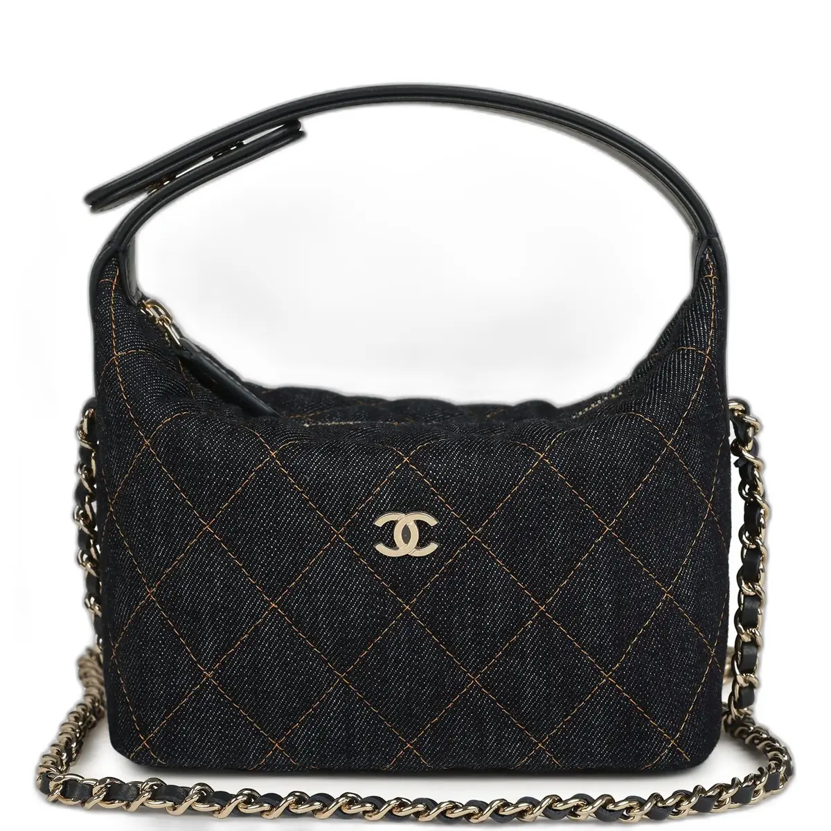 Chanel Chanel Mini Hobo Pouch with Chain Dark Blue Denim and Leather Light Gold Hardware