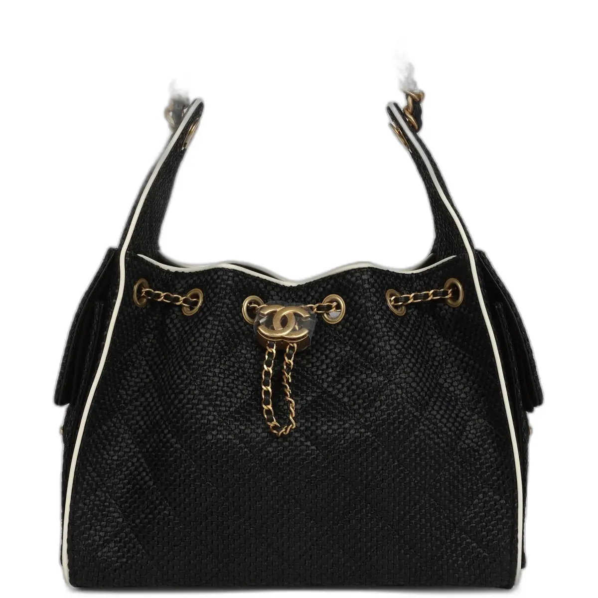 Chanel Chanel Small 25 Hobo Bag Black Raffia and White Calfskin Antique Gold Hardware