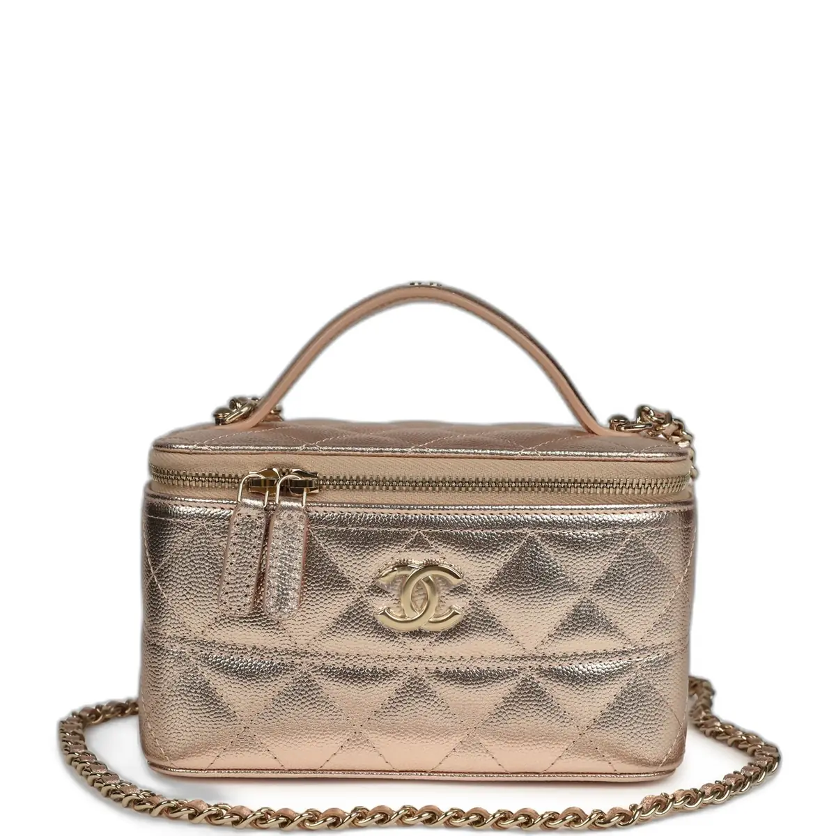 Chanel Chanel Small Top Handle Vanity Case With Chain Metallic Copper Shiny Caviar Light Gold Hardware