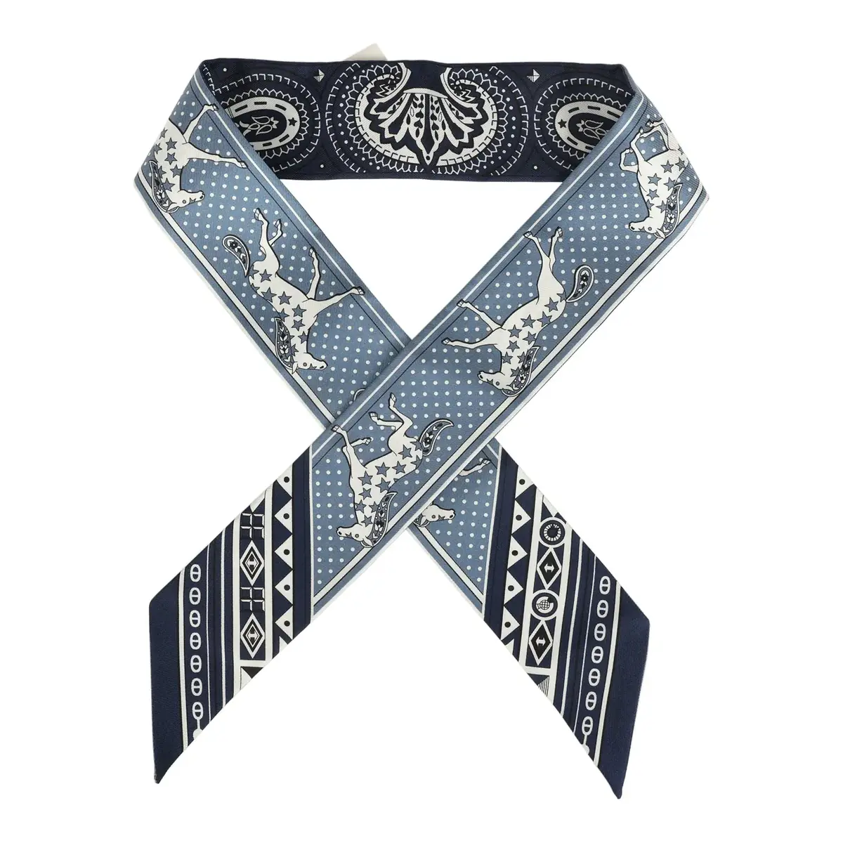 hermes Hermes "Cheval De Coeur Bandana" Blue Jean, Marine and Blanc Multi Silk Twilly Pair