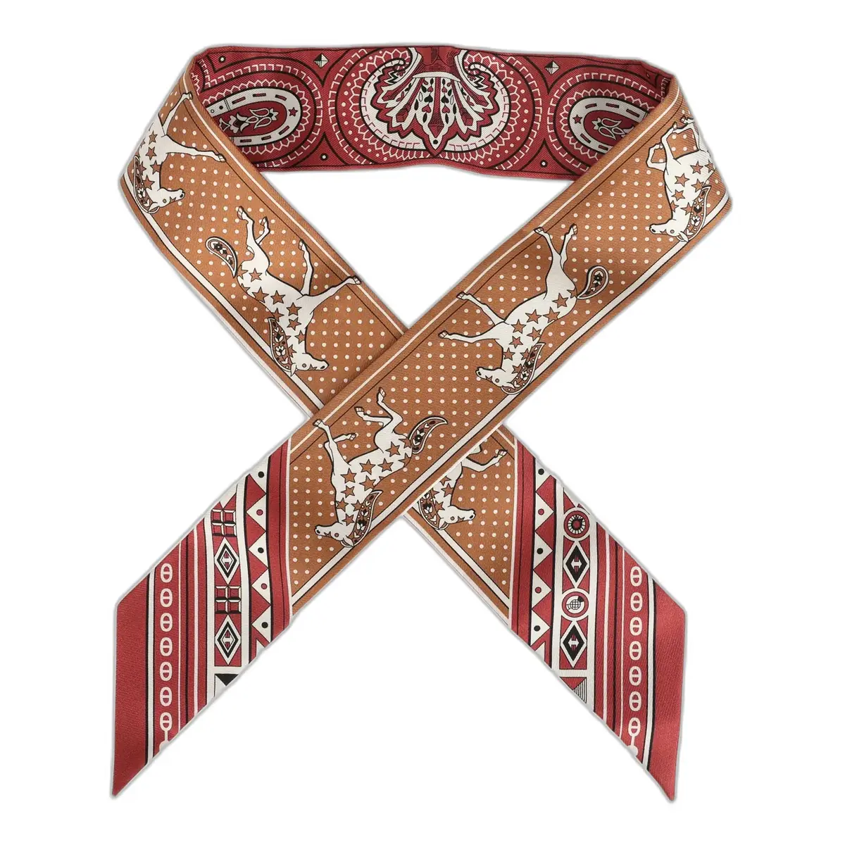 hermes Hermes "Cheval De Coeur Bandana" Caramel, Terre De Sienne and Blanc Multi Silk Twilly Pair