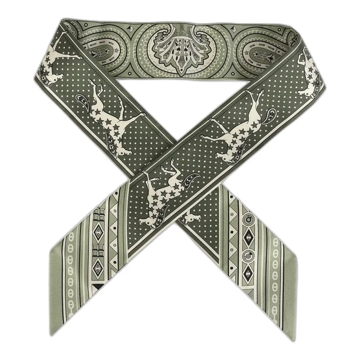 hermes Hermes "Cheval De Coeur Bandana" Loden, Kaki and Creme Multi Silk Twilly Pair