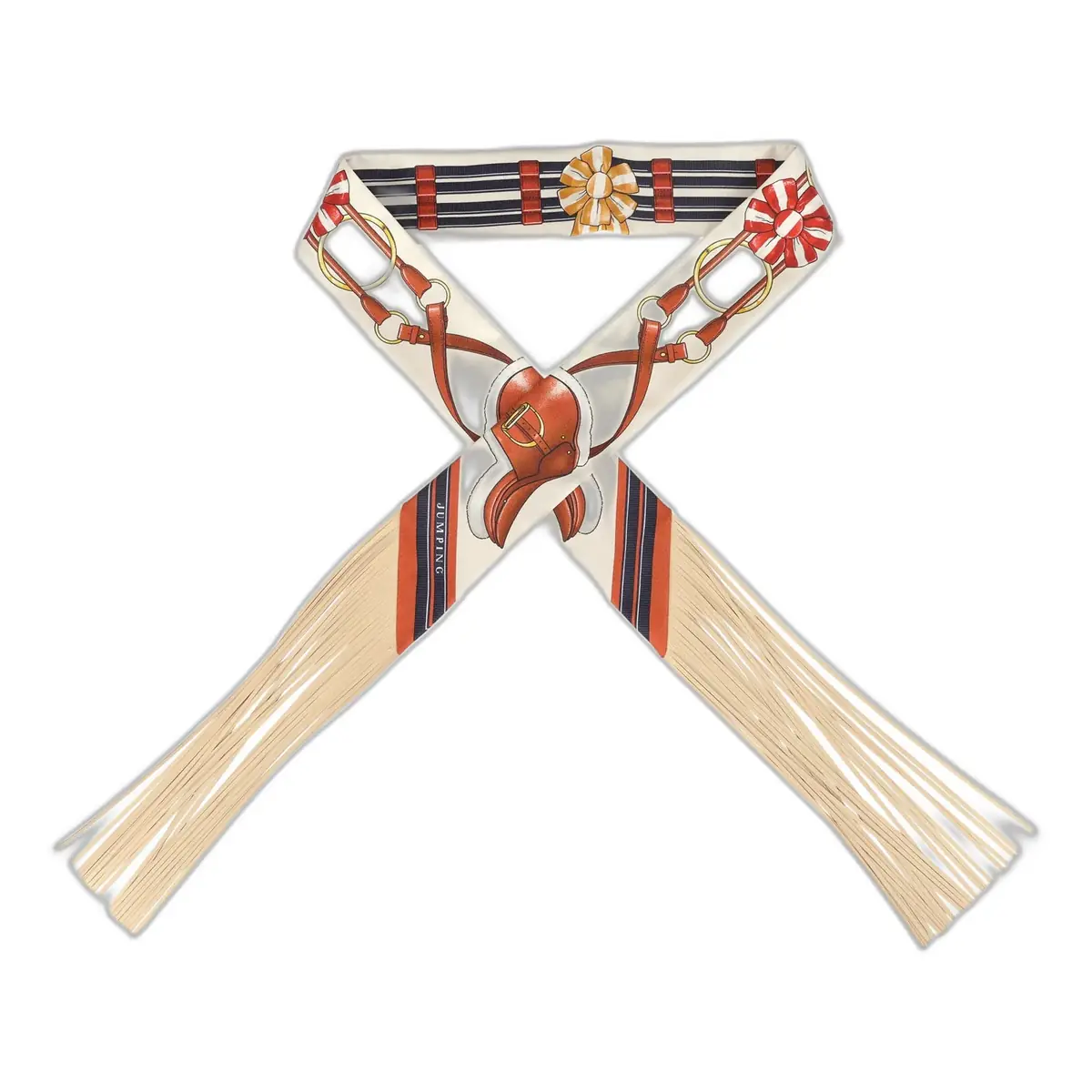 hermes Hermes "Jumping Leather" Crème, Alezan and Anthracite Fringe Silk Twilly