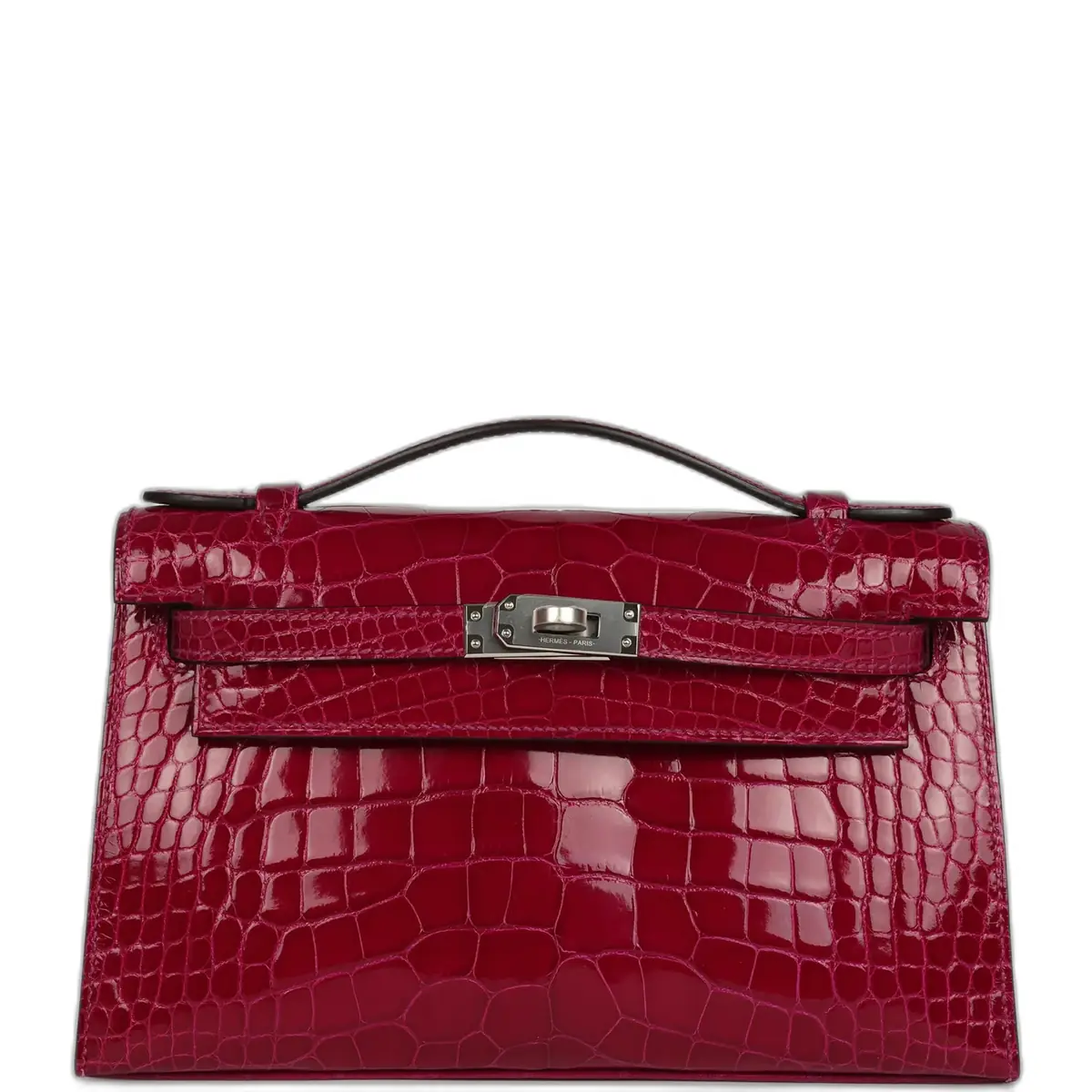 hermes Hermes Kelly Pochette Rose Pourpre Shiny Alligator Mississippiensis Palladium Hardware