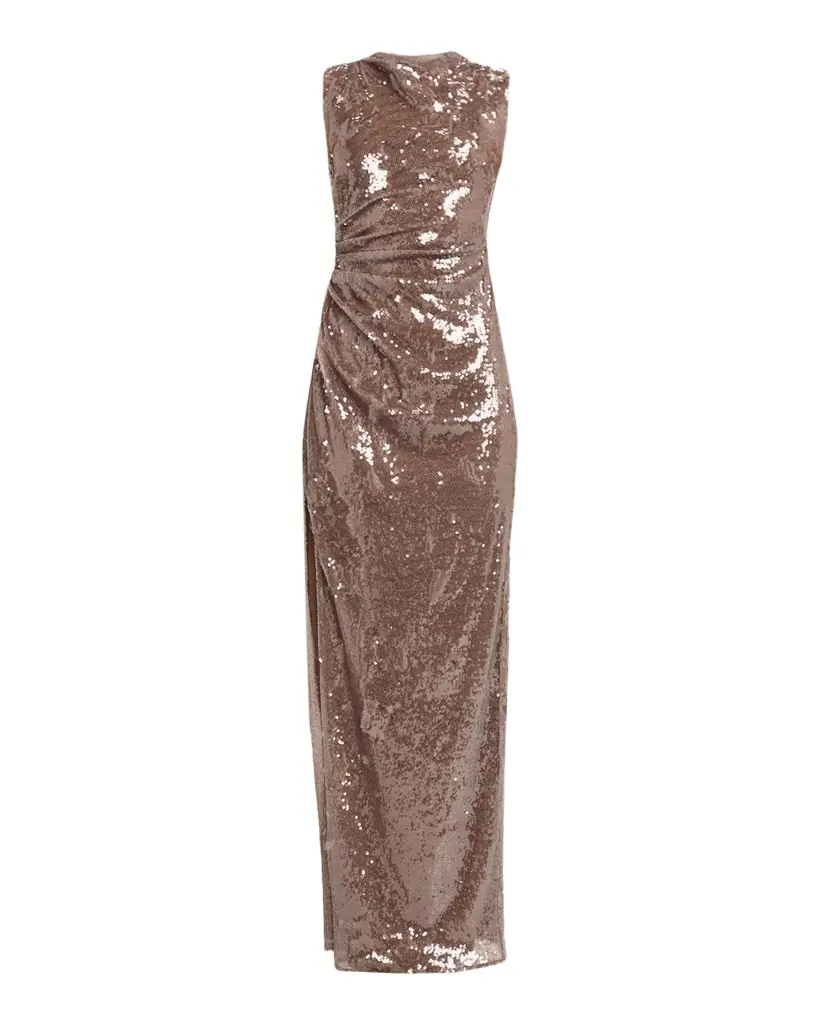 LAPOINTE Sheer Sequin Ruched Gown with Slit