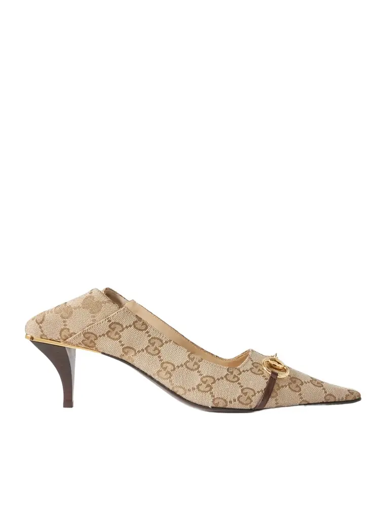 Gucci Vittoria Collapsible-heel Horsebit-embellished Leather-trimmed Canvas-jacquard Pumps