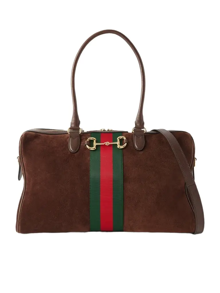 Gucci Borsetto Medium Embellished Leather And Webbing-trimmed Suede Shoulder Bag