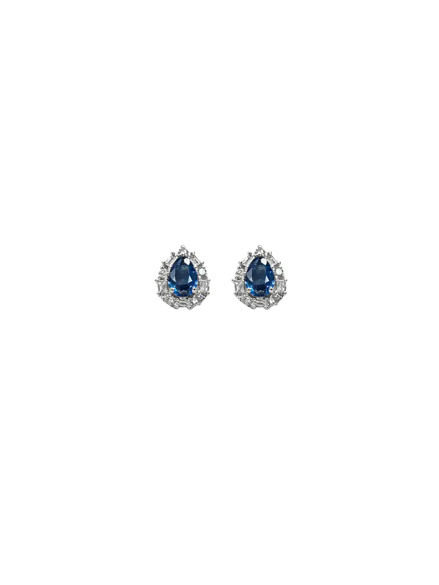 Wish Fine Jewelry 1.04ct Diamond Blue Sapphire 18K Gold Sunburst Pear Stud Earrings
