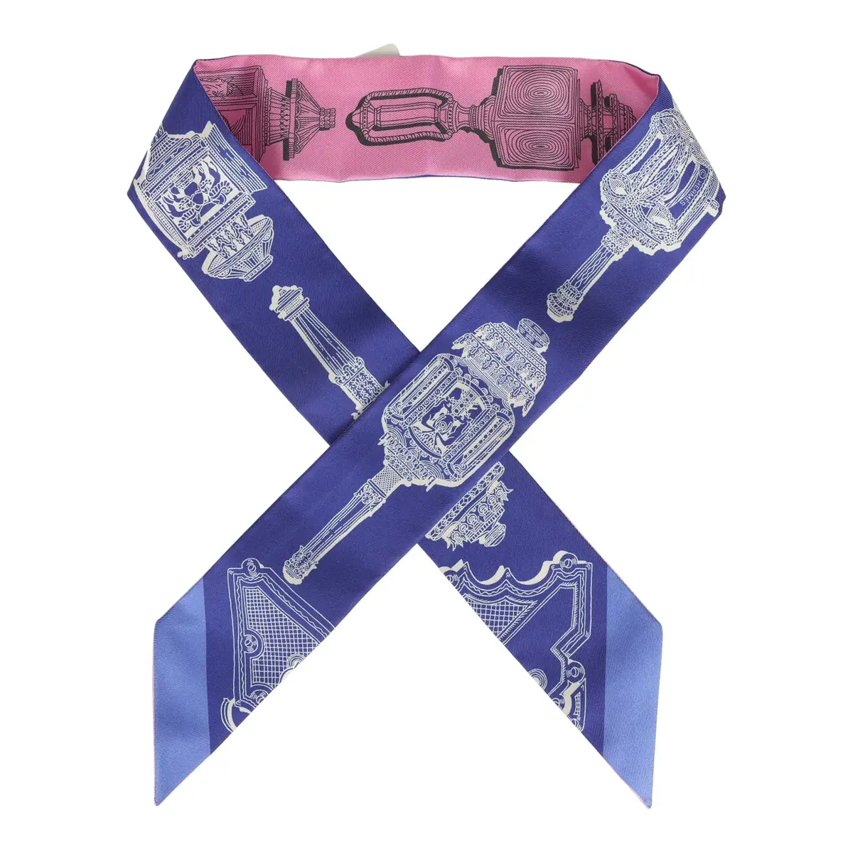 hermes Hermes "Merveilleuses Lantern" Rose Bon Bon, Indigo Multi Silk Twilly Pair