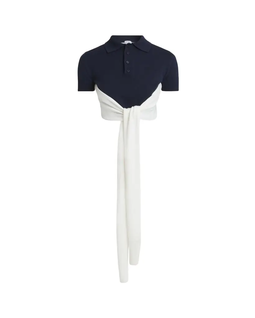 Loewe Colorblock Cropped Backless Wool Cashmere Polo Sweater with Self-Tie