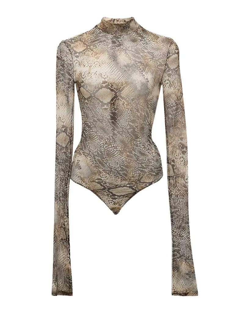 LAPOINTE Snakeskin-Print Mesh Mock-Neck Long-Sleeve Bodysuit
