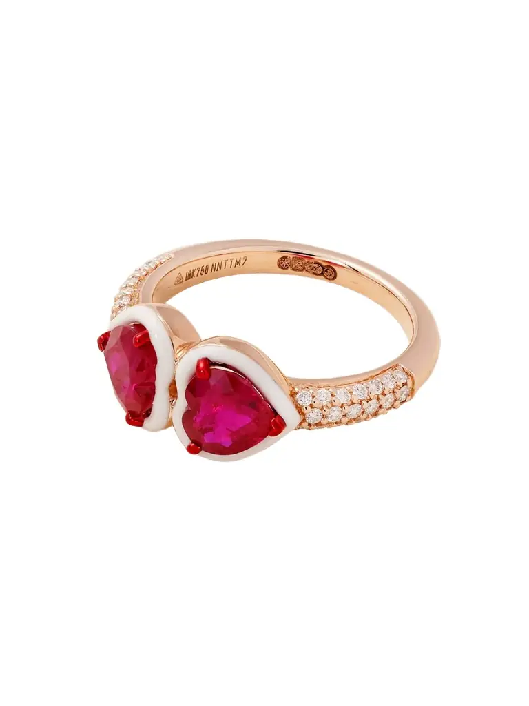 Kamyen Twin Heart 18-karat Rose Gold, Ruby, Diamond And Enamel Ring